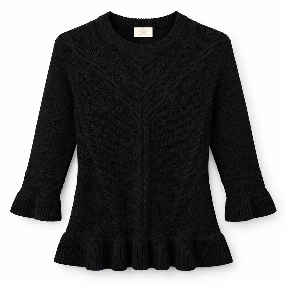 Kate Spade Cable Knit Peplum Sweater XS Black 3/4 Sleeve Wool Cashmere Blend